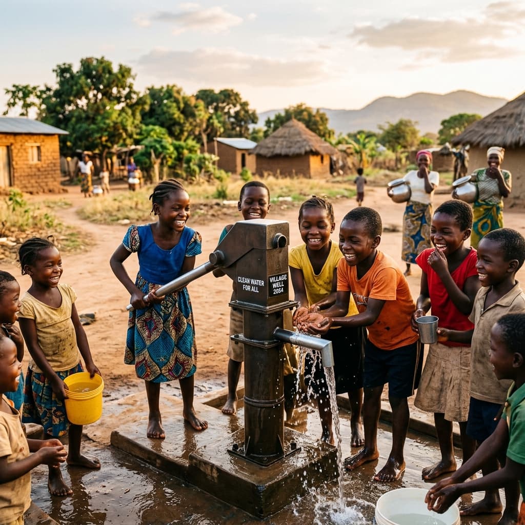 Children happy around clean water pump