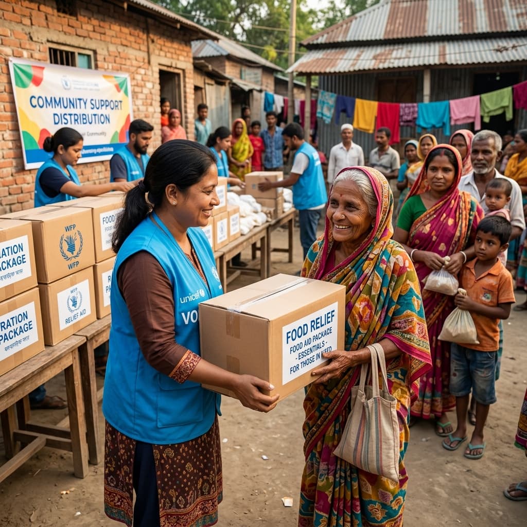 Volunteers distributing ration packages